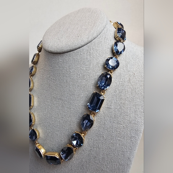 [J. Crew] Blue Crystal Multi Shaped Riviere Gold Toned Statement Necklace - Picture 4 of 16